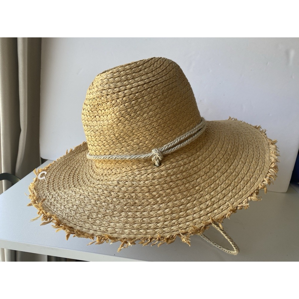 Frye and Co. Women's Straw Sun Hat Fringed Brim Braided Rope Strap Paper Straw